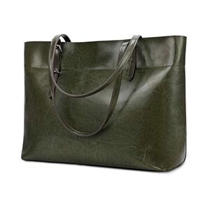 Kattee Vintage Green Leather Shoulder Tote Bag Large Capacity Minimalist Chic